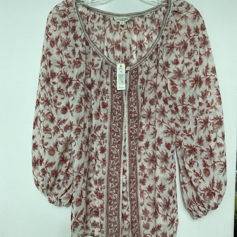 Max Studio Women's Cream and Rust Floral Peasant Blouse